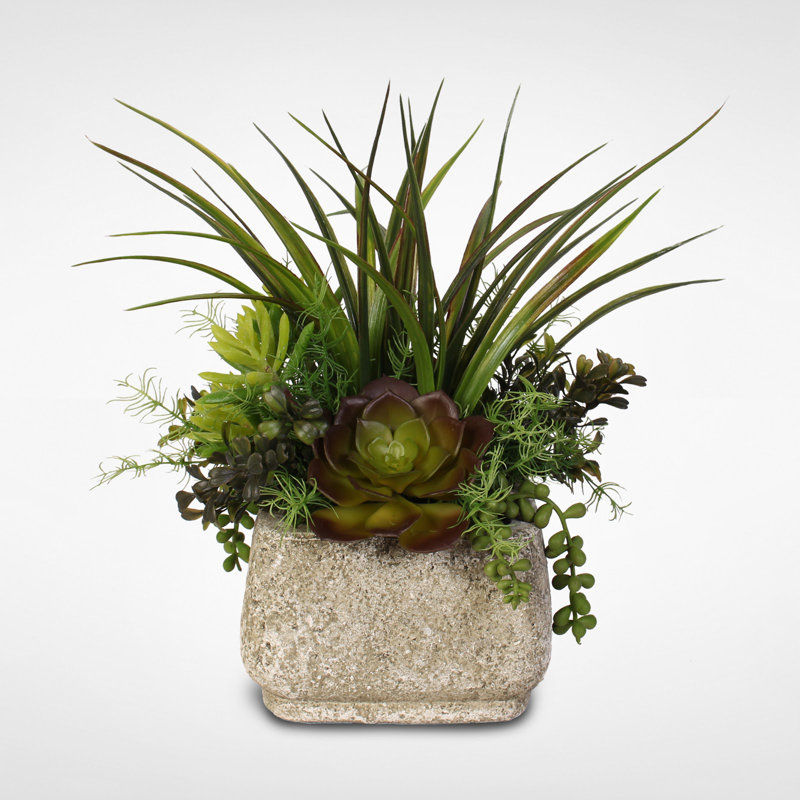 Green and Dark Brown Silk Succulent Arrangement in Stone Pot