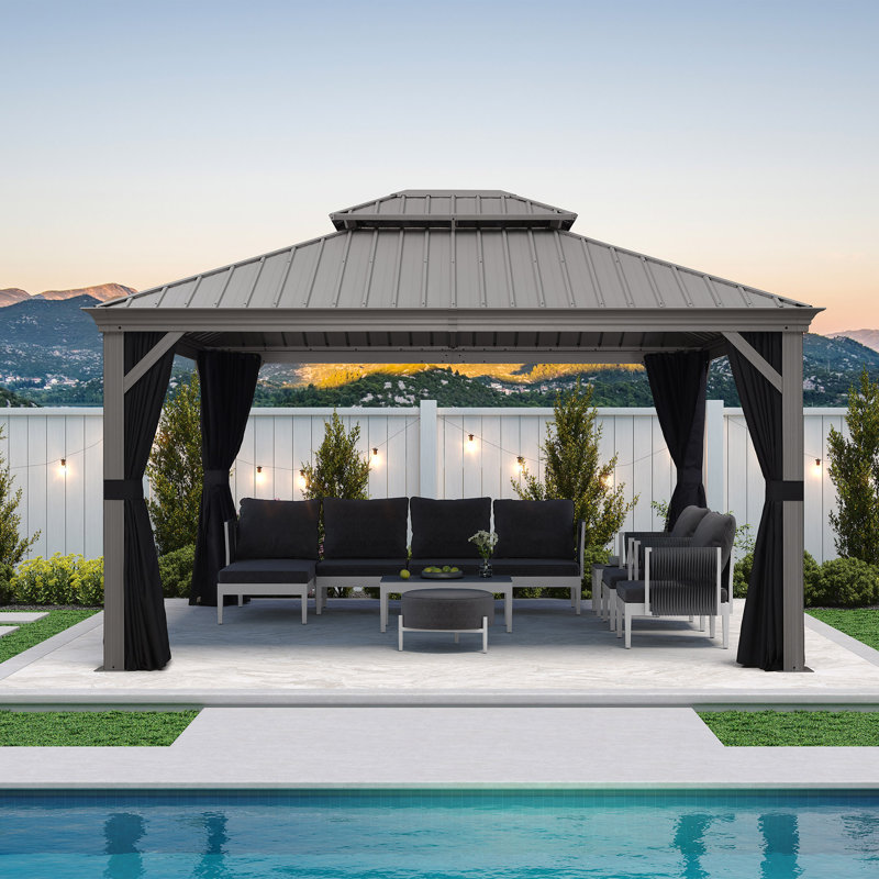 PURPLE LEAF 12' X 14' Patio Hardtop Gazebo Aluminum Outdoor Gazebo with Double Galvanized Steel Roof for Deck Backyard All Weather Outdoor Pavilion Curtain and Netting Included, Light Grey
