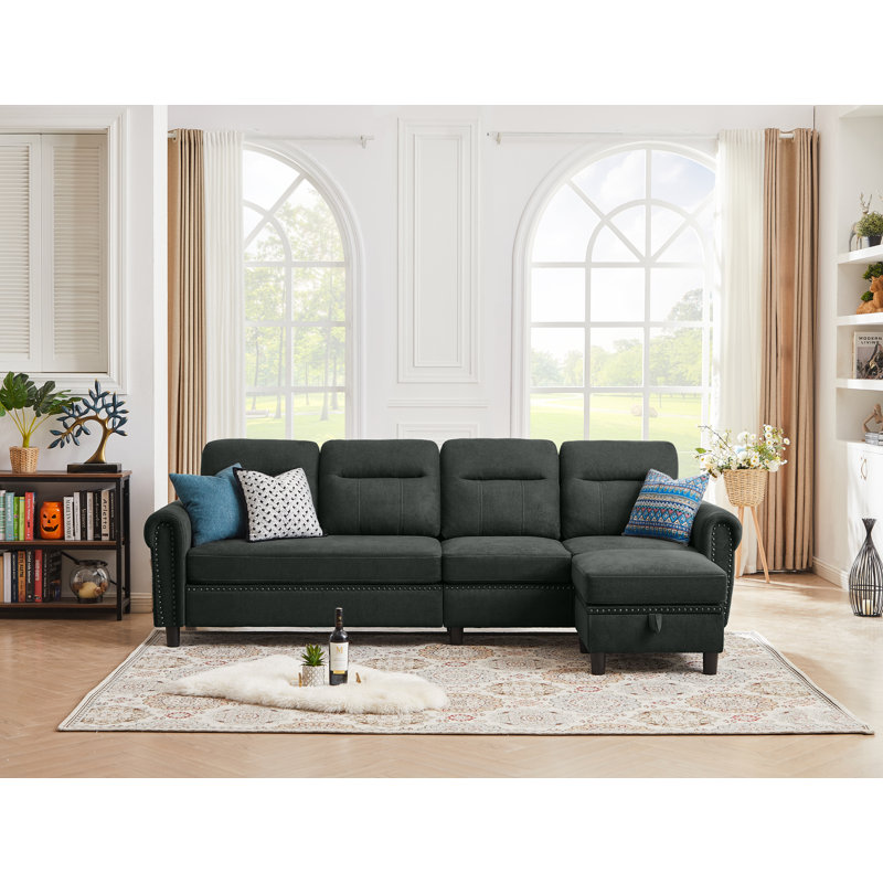 Canapé modulaire réversible en L de 106,69 po à 4 places avec sacs de rangement latéraux Gallott, Noir 100 % coton