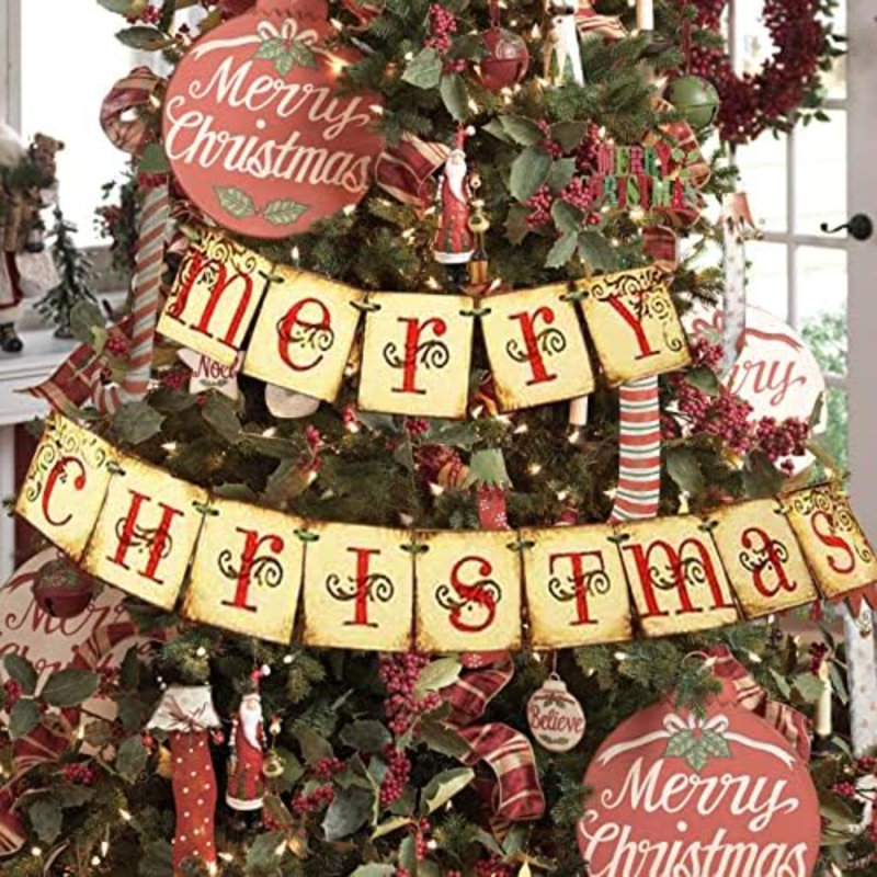 Décorations de Noël - Bannière de joyeux Noël rétro - Décoration de dégagement de Noël rétro et nostalgique traditionnel pour Noël
