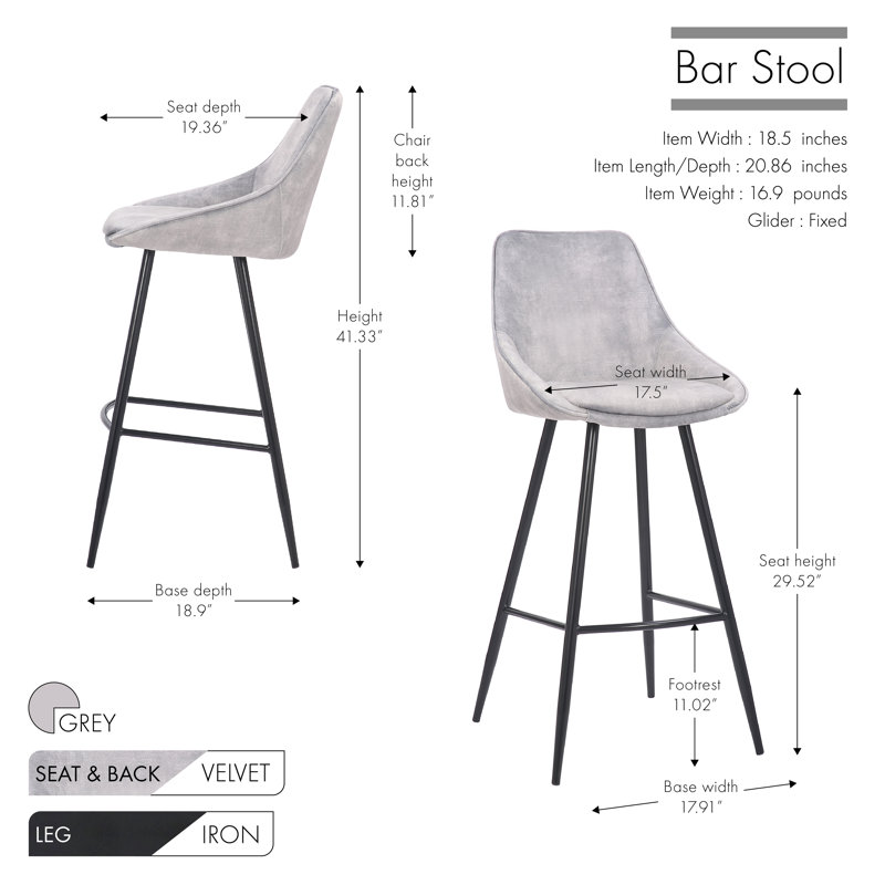 Upholstered Counter Stool with Metal Frame, Grey