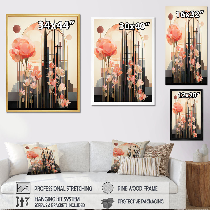 «Rose rose», art nouveau sur toile, H 44 po x l 34 po x P 1,5 po, Cadre flottant doré