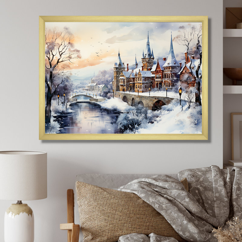 «Wonderful village Winter at Christmas II», art mural paysage d'hiver pour le salon, Cadre doré à coins fermés