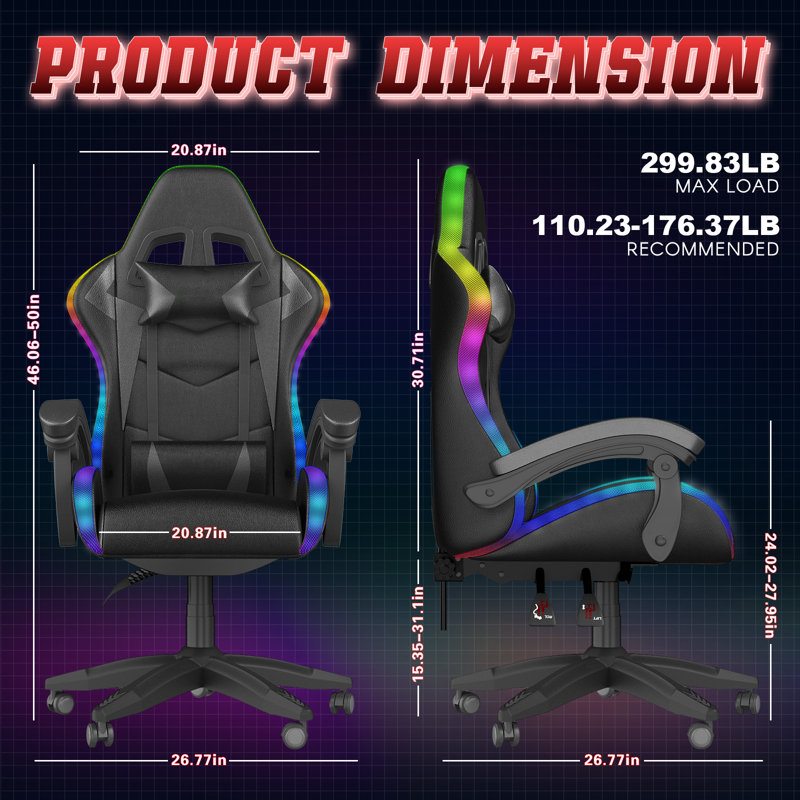 Reclining Gaming Chair with LED Lights and Headrest, Black