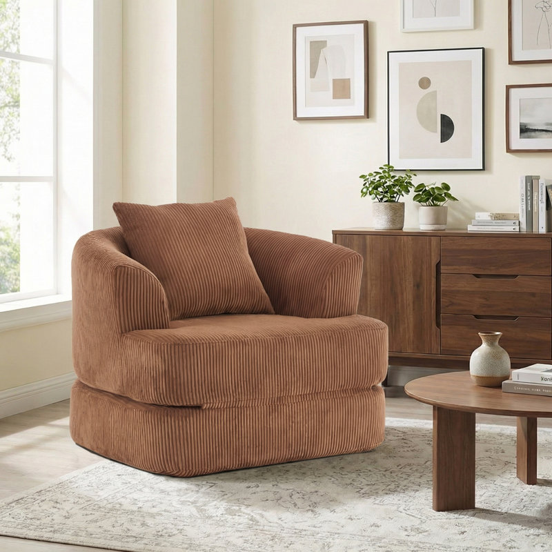 Oversized Upholstered Convertible Accent Barrel Chair, Orange Corduroy