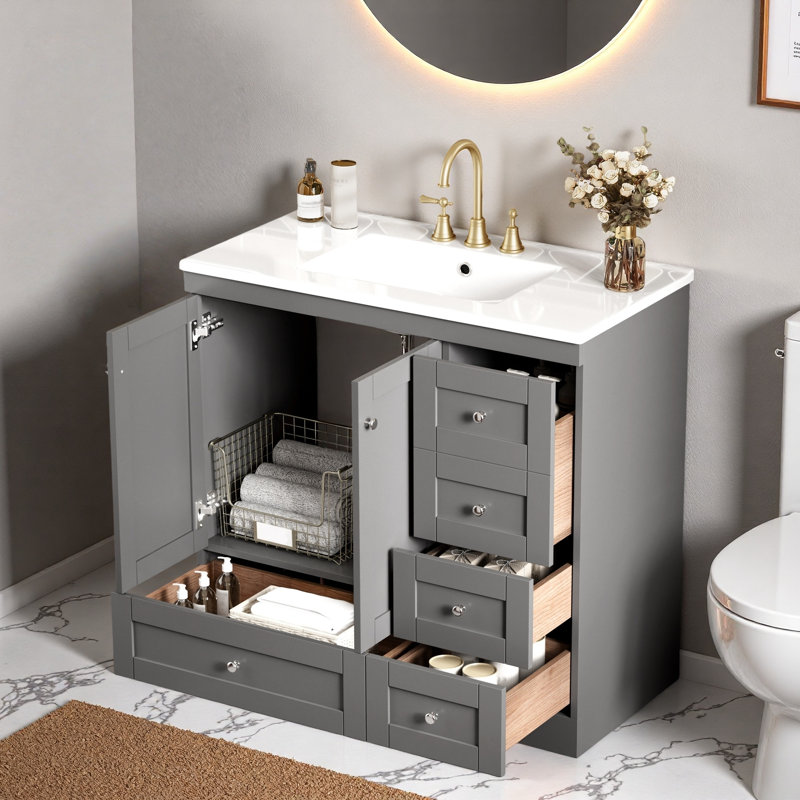 Meuble-lavabo autoportant avec lavabo en céramique, 4 tiroirs et armoire, Gris