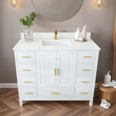Modern Solid Wood Bathroom Vanity with Sink,Carrara White Quartz Vanity Top with 1 Pre-Drilled Faucet Holes, 2 Soft-Close Double Doors & 9 spacious Drawers with Slides