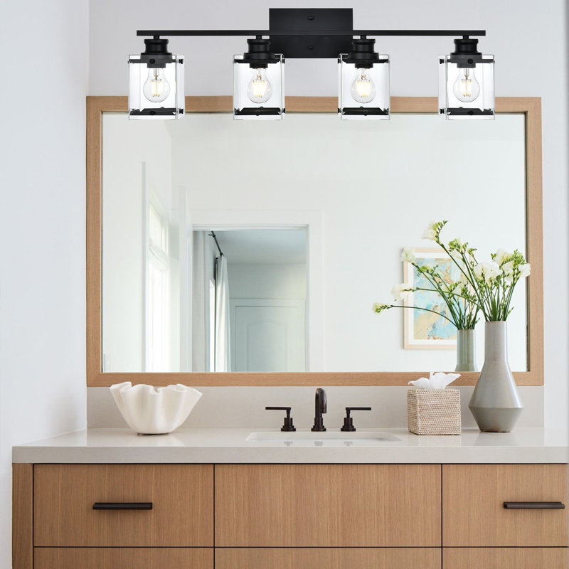 Luminaire pour meuble-lavabo de salle de bain noir mat, luminaire pour meuble-lavabo 4 lumières au-dessus du miroir, conception carrée et certification UL, appliques murales avec abat-jour en verre transparent, douille E26 (ampoules non incluses)