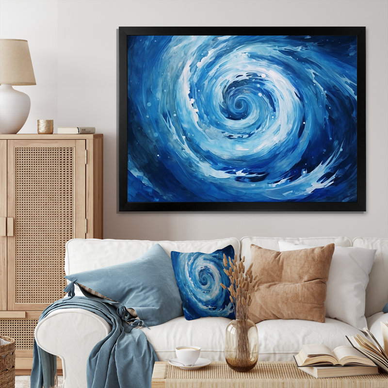 «Blue Swirl Wave Spiral VI» - Décoration murale spirales abstraites_106188, Cadre photo noir, H 16 po x l 32 po x P 1 po