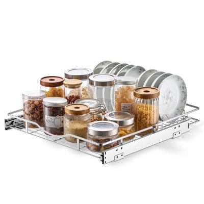 Tiroirs coulissants en acier de l 19,69 po x P 21,06 po pour l'organisation de la cuisine et de la salle de garde-manger, finition chromée, tablettes coulissantes robustes pour armoires de base
