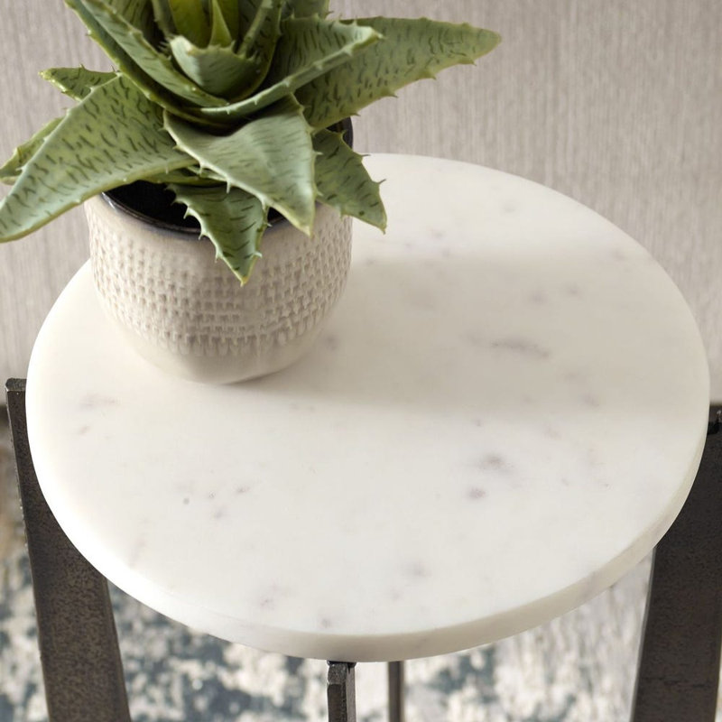  White Marble Accent Table – 24" H Brass Bronze Frame Side Table
