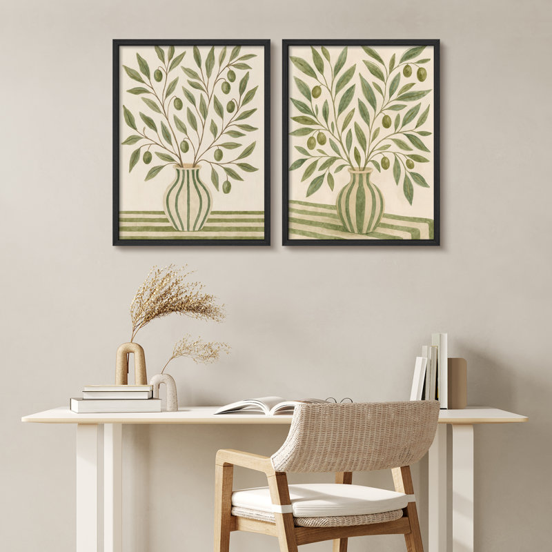 "Olive Branch", ensemble de 2 reproductions d'art mural encadrées dans un vase, H 10 po x l 8 po, Noir