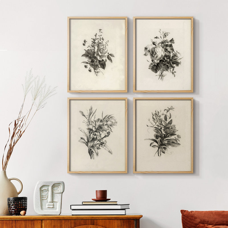 «Vintage Floral Print», impression encadrée, ensemble de 4, H 44 po x l 14 po, Noir