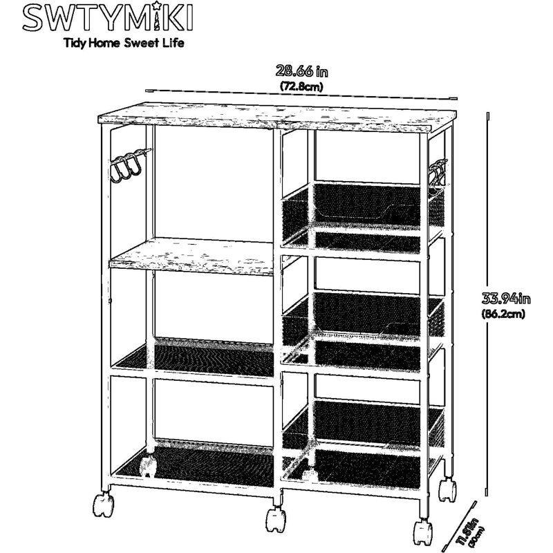 4-Tier Rolling Kitchen Island Cart With Storage Shelves, Locking Casters & Removable Hooks - Mobile Kitchen Cart For Coffee Bar, Pantry Organization, And Dining Room