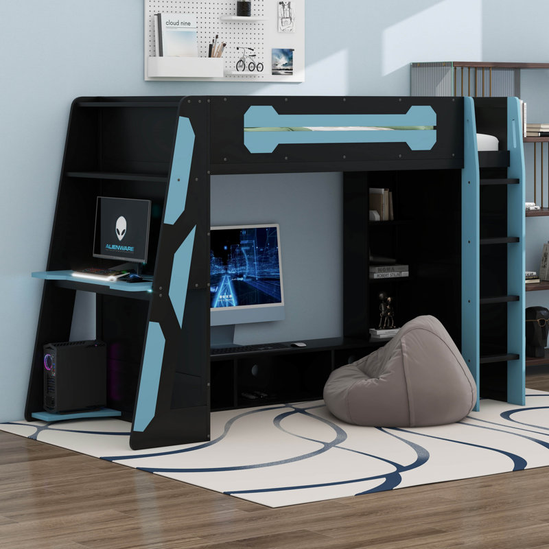 Lit mezzanine simple en bois avec bureau, tablettes multiples et lumière RVB, Bleu nuage