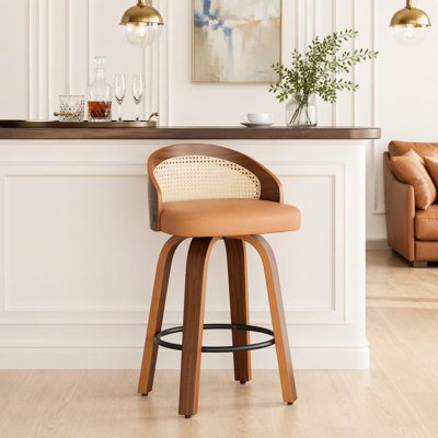 Ensemble de 2 tabourets pivotants, structure en bois moderne avec dossier en rotin, cuir PU pour comptoir de cuisine, tabourets de bar rembourrés Mid-Century