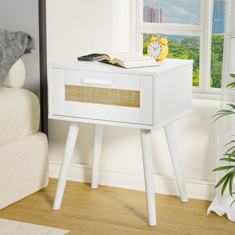Natural Rattan Wooden Nightstand, Bedside Table for Bedroom Storage(Black), Black