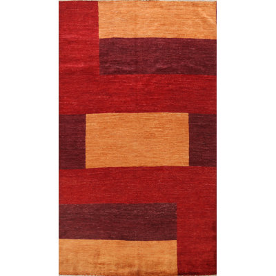 Tapis décoratif en laine rouge/brun de conception unique noué à la main New Age 5 pi 3 po x 8 pi 6 po
