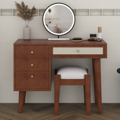 39" Makeup Vanity Desk With Stool, Bohemian Dressing Table Set With Rattan Drawer & Charging Plug, USB Port, Dressing Table by George Oliver
