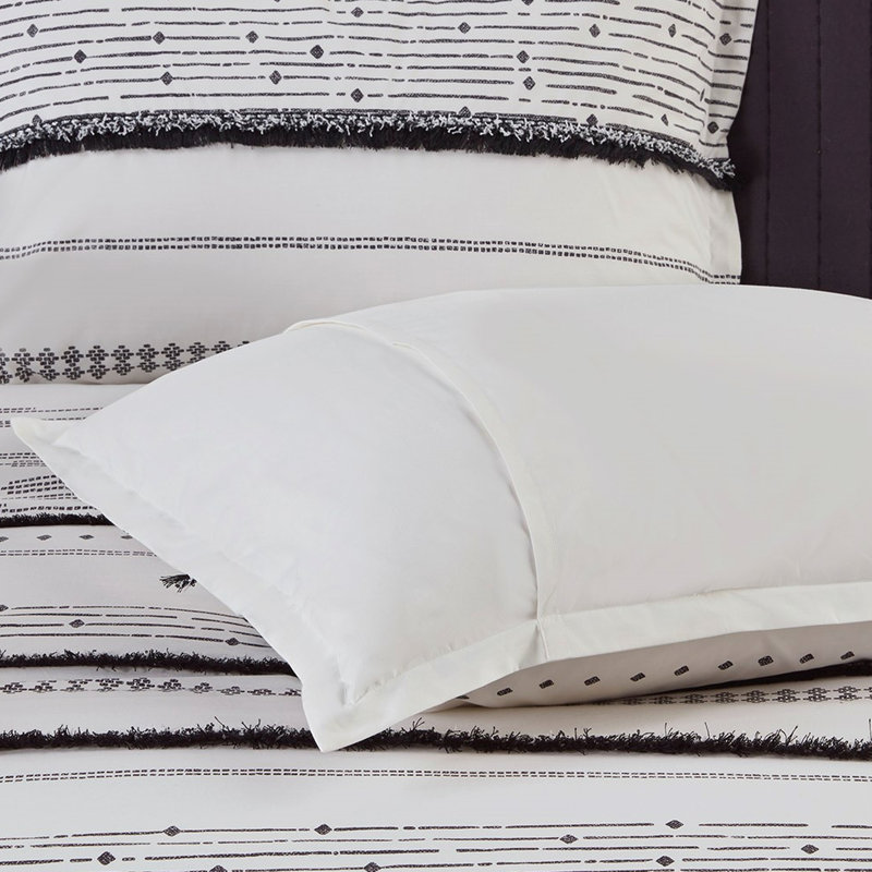Édredon en coton - imprimé avec lit double / grand noir / blanc, Blanc/Noir, Édredon double et 2 taies décoratives