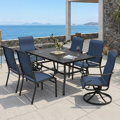 7-piece Patio Textilene Dining Set With Umbrella Hole, Swivel Design