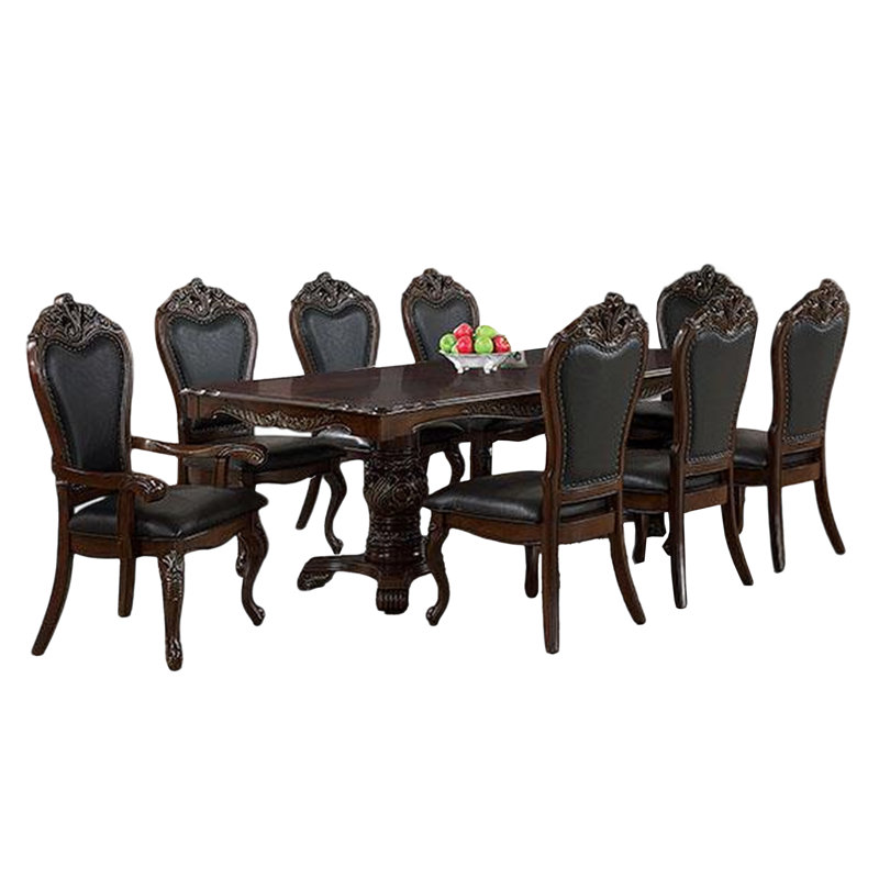 Ensemble de salle à manger Zenie, table en bois chic, 8 chaises sculptées, 9, Noir / brun cerise