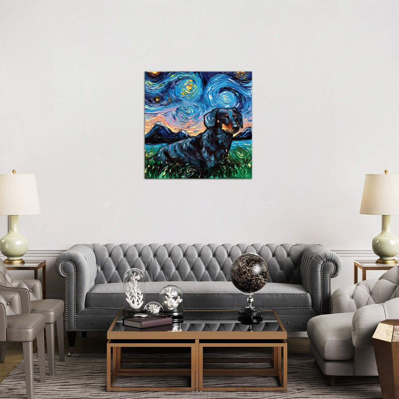 Black And Tan Dachshund Night III by Aja Trier - Wrapped Canvas Painting, 93.98 cm H x 93.98 cm W x 3.175 cm D