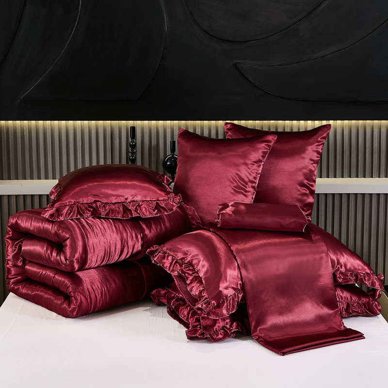 Ensemble d'édredon en satin avec draps pour lit très grand 8 pièces en satin de soie soyeux à motif de volants avec housse de coussin