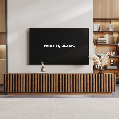 Meuble télé 86,61 po avec 4 compartiments de rangement, console multimédia, sur pied, noyer
