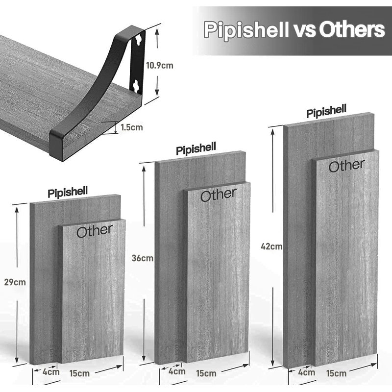 Addiena 3 Piece Paulownia Solid Wood Floating Shelf, Grey