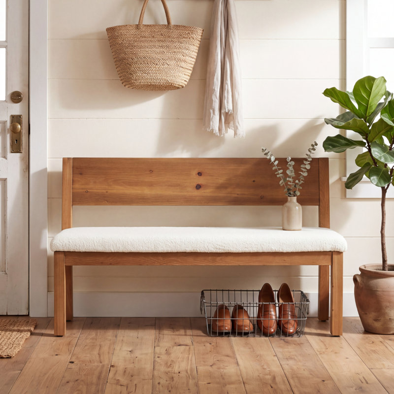 Banc de hall d'entrée rembourré 55,12 po avec dossier et structure en bois massif, banc de salle à manger pour couloirs, salles à manger et chambres à coucher