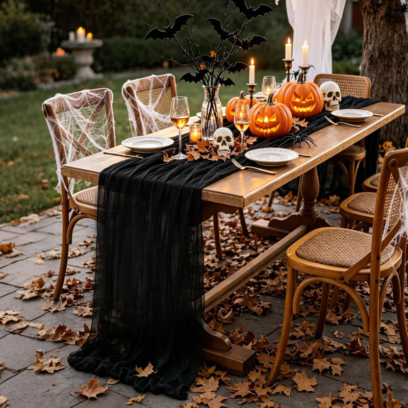 Chemin de table noir, chemin de table en étamine 10 pi noir, chemin de table 35 * 120 pouces Boho pour décorations de fête de table d'Halloween