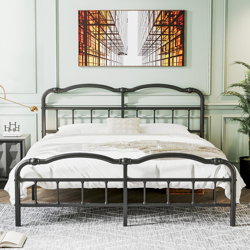 Amylia Double Wave Headboard and Footboard Heavy Duty Anti-sway 14in High Steel Tube Iron Bed with Storage, California King