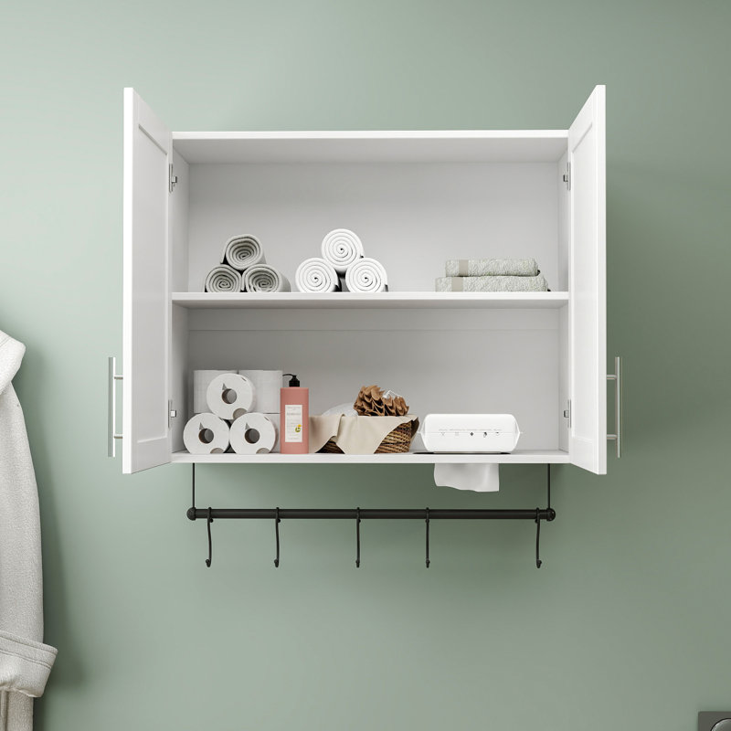 Armoire murale de salle de bain, tablette réglable, barre à serviettes, 5 crochets, blanc, panneau de particules, salle de bain, cuisine, porte-décor, rangement au-dessus de la toilette, dimensions