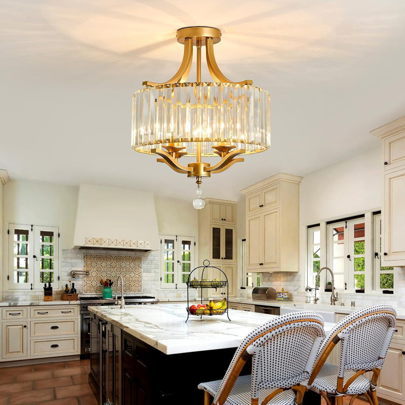 Modern Crystal Chandelier With Chrome Finish - 4-Light Semi Flush Mount Ceiling Fixture For Farmhouse, Bedroom, Dining Room, Entryway, Hallway, And Kitchen