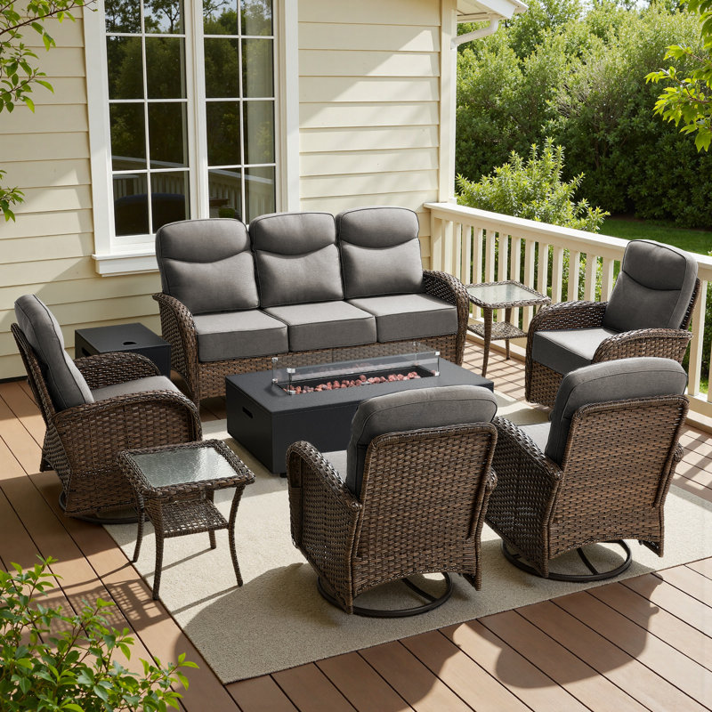 Ensemble de conversation de 8 pièces avec table de foyer d'extérieur et chaises pivotantes 8 pièces, Gris