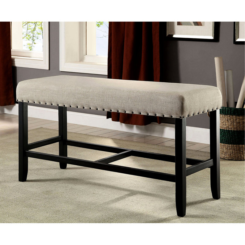 Solid Wood Counter Height Bench In Beige With Antique Black Detailing Transitional And Rustic Seat For Dining