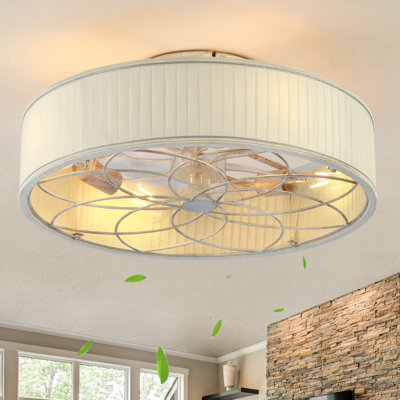 Ventilateur de plafond Modern Farmhouse avec lumière et télécommande, ventilateur de plafond encastré à profil bas avec abat-jour en lin rayé, 4 douilles E26 (ampoules non incluses), ventilateur de chambre à coucher silencieux pour la cuisine du salon