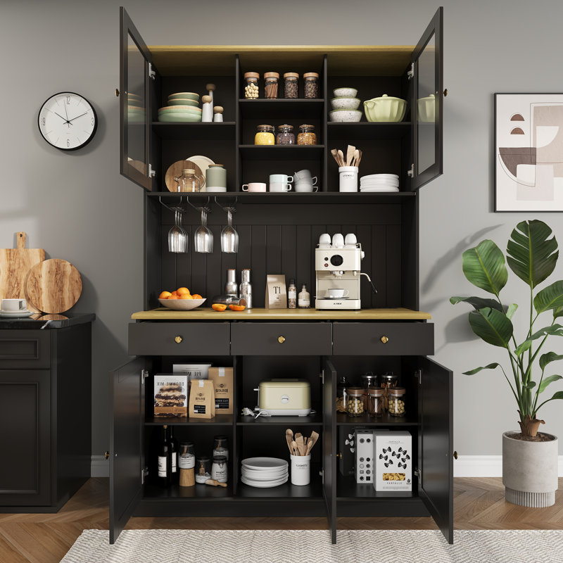 Haven Tall Kitchen Cabinet Organizer with Drawers and Power Outlet, Pantry Cabinet, Black