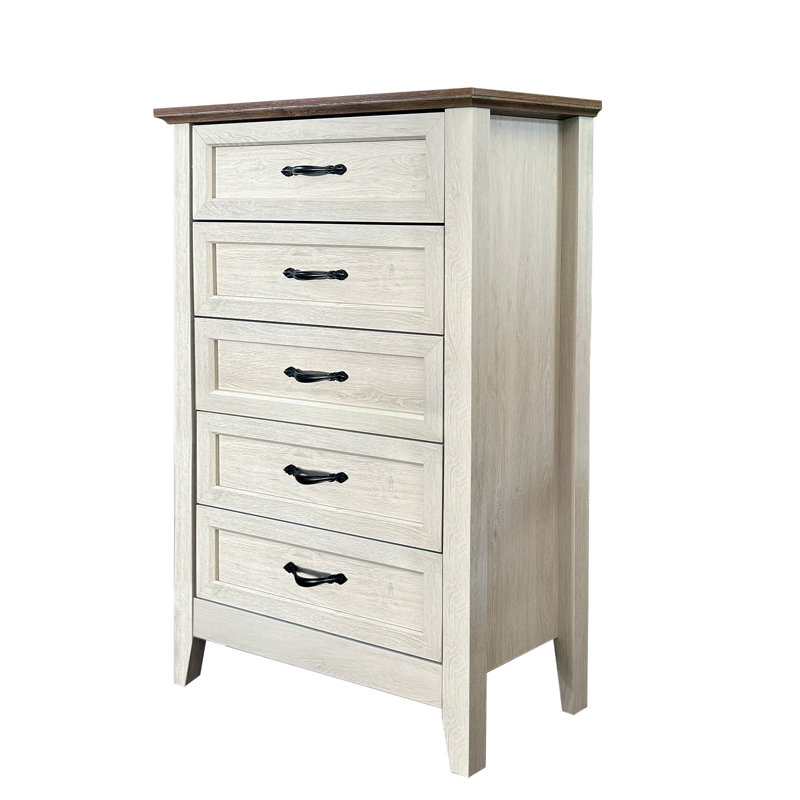 Commode à 5 tiroirs Farmhouse avec finition en bois rustique et larges poignées en métal, rangement, Blanc