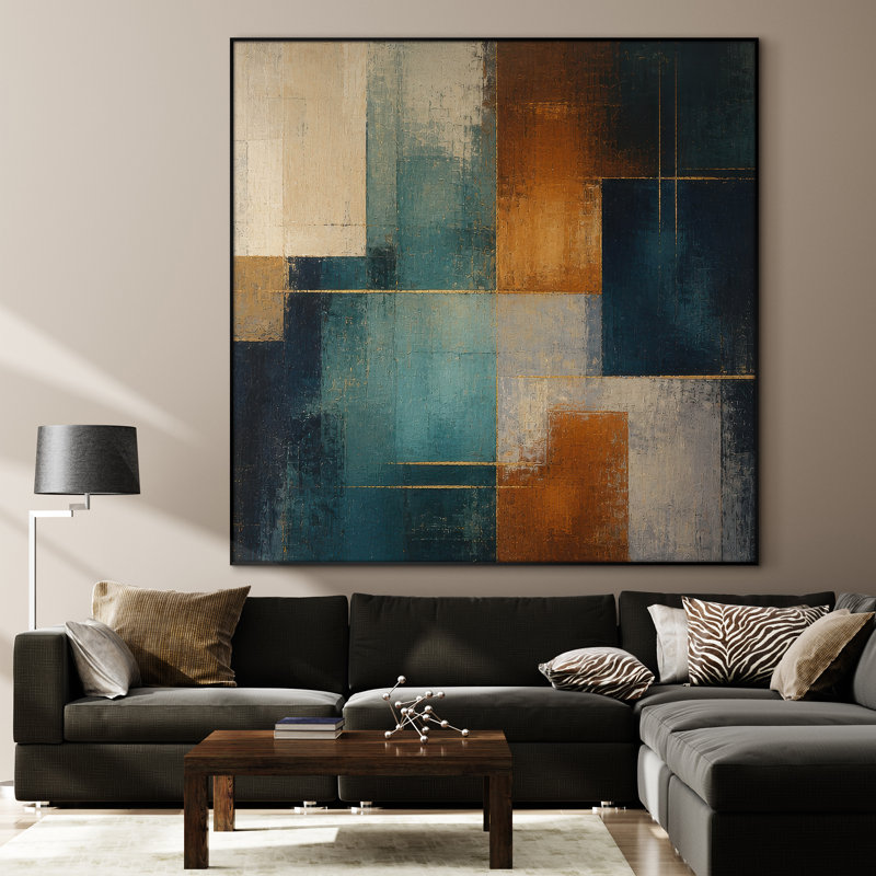 Très grande reproduction d'art sur tissu - Blocs abstraits foncés en or rouge et noir pour le salon ou la chambre à coucher - «Assemblage requis du cadre (cadre non fini)»
