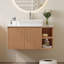 Meuble-lavabo simple mural de 30 po avec lavabo vasque en céramique, comptoir en pierre frittée et armoire en bois cannelé, finition chêne rétro, 2 portes à fermeture en douceur et tablettes ouvertes-610633039-733914450