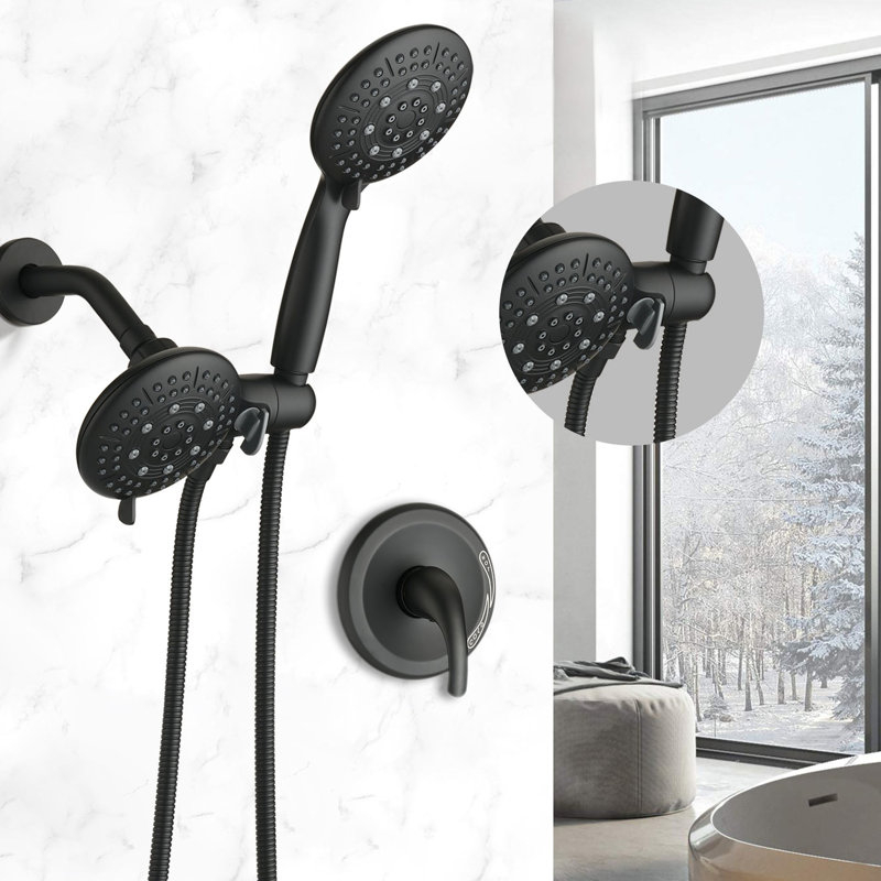 Pomme de douche à 6 jets avec douchette - Laiton noir mat, fixation murale, 1,8 gal / min, débit d'eau réglable, boyau de 59 po, pluie puissante, massage par impulsion, ensemble de 6 modes de brouillard en laiton, fiable