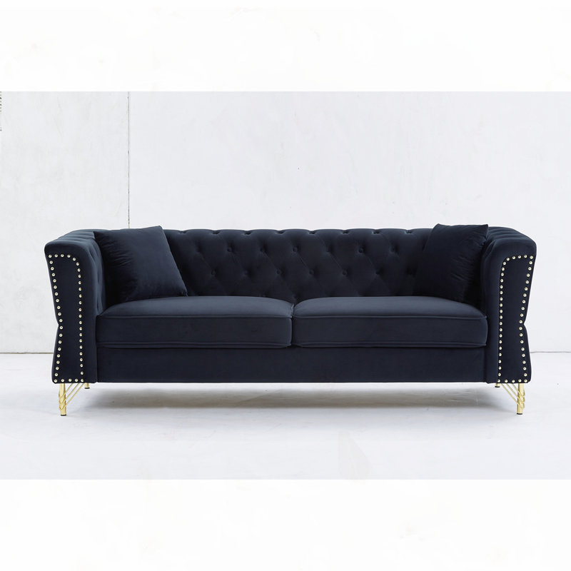 Canapé en velours capitonné, Noir, H 29,5 po x l 81,8 po x P 31,8 po