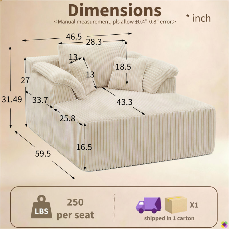 Chaise longue Anneesha l 46,5 po en velours côtelé à compression pour l'intérieur, aucune installation requise