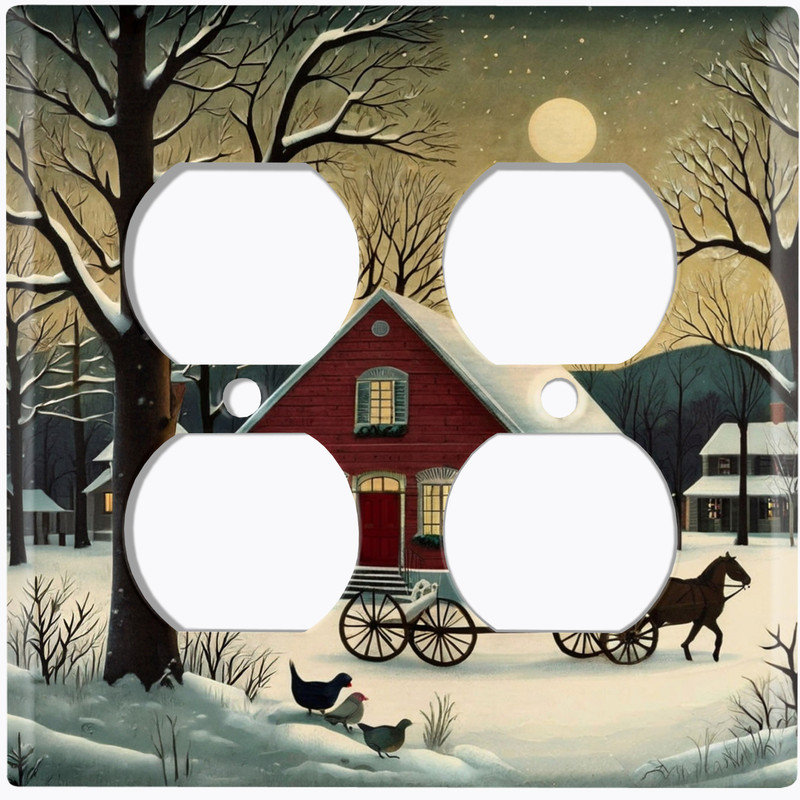 Couvercle de plaque d'interrupteur en métal; Rectangle 2 bandes US standard - Snowy Farmstead, Prise double # 9