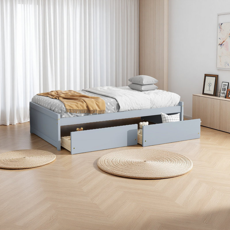 Lit simple avec 2 tiroirs, lit en bois d'hévéa massif, Gris