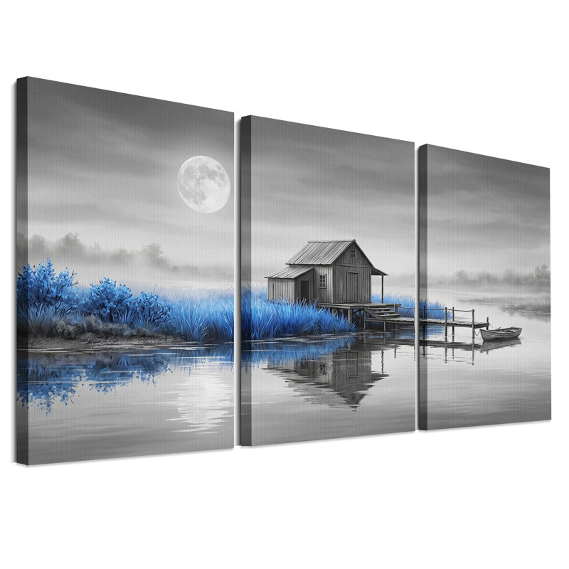 Ensemble de 3 toiles murales représentant une cabane au clair de lune au-dessus d'un lac avec des herbes bleues