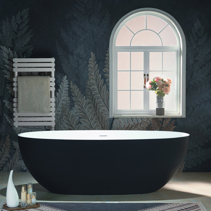 67" Freestanding Soaking Solid Surface Stone Resin Bathtub with Integrated Overflow and Pop-up Drain, Matte Black/Matte White