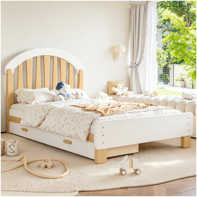 Lit plateforme simple avec tiroir de rangement, cadre de lit simple en bois avec tête de lit ronde, aucun sommier nécessaire, blanc et naturel